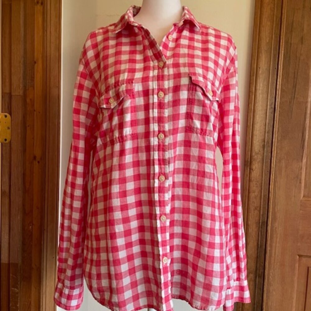 BANANA REPUBLIC Strawberry Check Linen Blend Long Sleeve Soft Wash Shirt